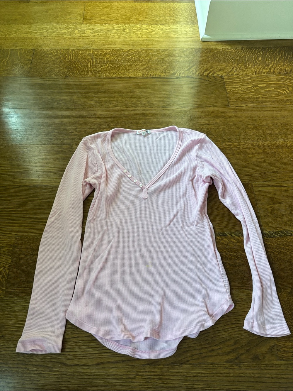Sundry Light Pink Ribbed V-Neck Long Sleeve Top